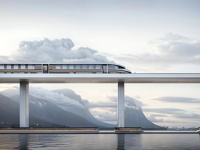 High speed train moving on bridge over water with mountains under cloudy sky 3d model