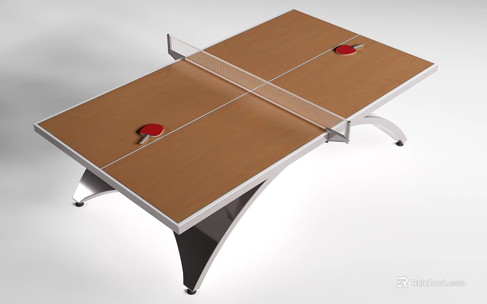 Professional Table Tennis Table With Wooden Tabletop White Net Red Paddles And Metal Legs 3d model 