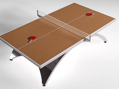 Professional Table Tennis Table With Wooden Tabletop White Net Red Paddles And Metal Legs 3d model