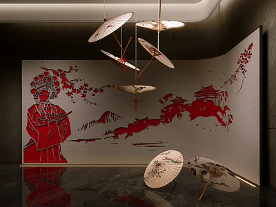 Chinese Style Private Room With Red Patterns Umbrella Chandeliers And Landscape Artwork 3d model