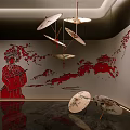 Chinese Style Private Room With Red Patterns Umbrella Chandeliers And Landscape Artwork