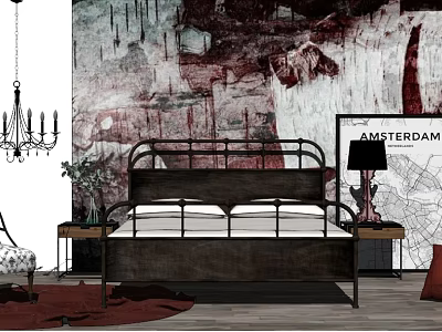Chic Double Bed With Black Metal Frame Mural Wall And Nightstand Lamp 3d model