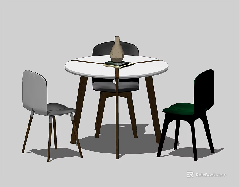 Modern Round White Dining Table Set With Three Different Colored Chairs And Vase 3d model