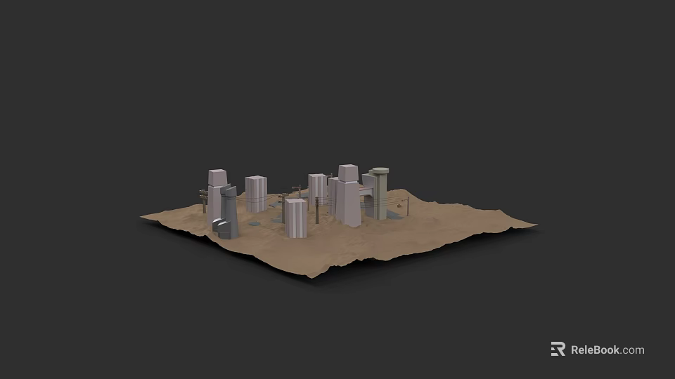 Detailed City Building Complex Model With Various Heights Silver Gray Structures On Brown Base 3d model 