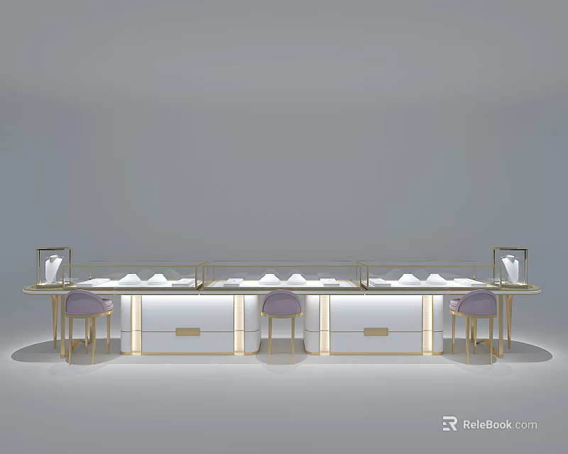 Modern Luxury Display Shelves With White Countertop Golden Frame And Purple Chairs 3d model 