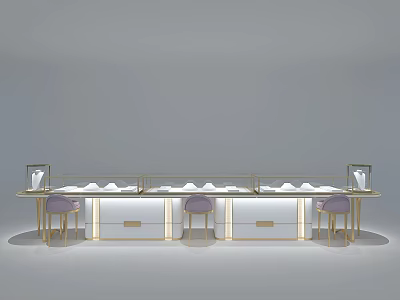 Modern Luxury Display Shelves With White Countertop Golden Frame And Purple Chairs 3d model