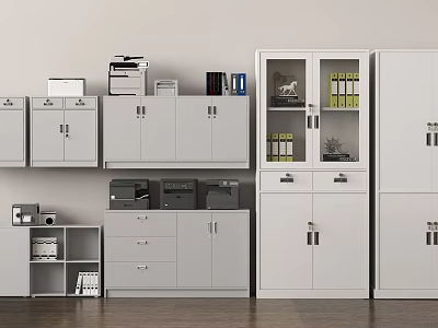 Gray Office Storage Cabinets With File Cabinets Printers And Folders 3d model