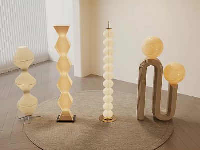 Modern Geometric Floor Lamps With Spherical Hexagonal And U Shaped Designs In Minimalist Interior 3d model