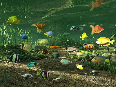 Colorful Aquatic Animals Fish And Crabs In Underwater Environment With Aquatic Plants And Sand 3d model