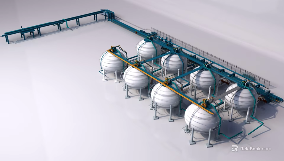 Industrial Equipment With White Storage Tanks Blue Pipelines And Support Structures In Industrial Facility 3d model 