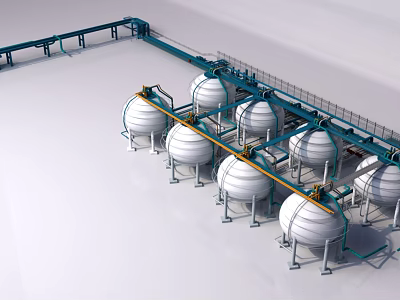 Industrial Equipment With White Storage Tanks Blue Pipelines And Support Structures In Industrial Facility 3d model
