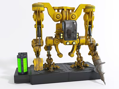 Smart Yellow Robot Machine With Mechanical Arms Claw And Green Battery On Black Base Platform 3d model