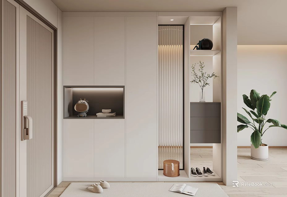 Modern Entryway Hallway Interior Design With White Cabinets Storage And Decorative Vase 3d model 