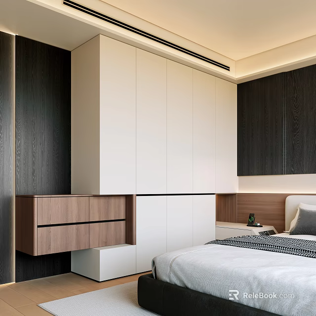 Modern Bedroom Built in Wardrobe Design With White Cabinetry And Wooden Drawers 3d model 
