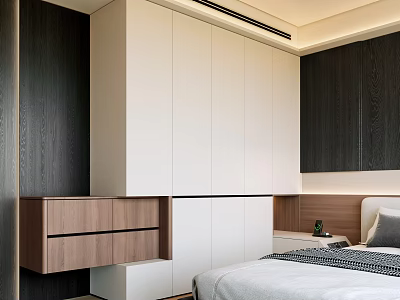 Modern Bedroom Built in Wardrobe Design With White Cabinetry And Wooden Drawers 3d model