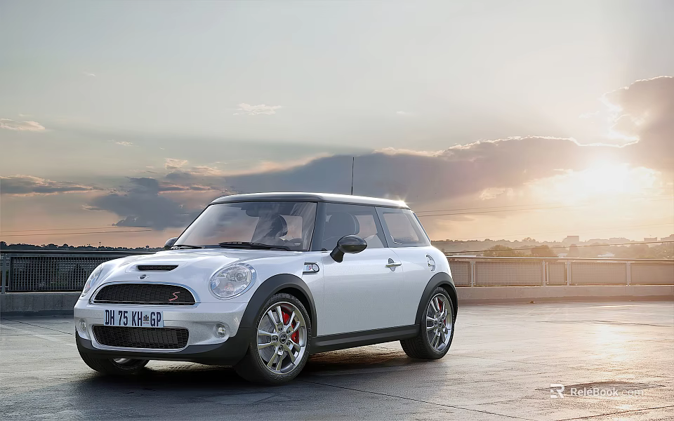 White Mini Cooper Car Parked Outdoors At Sunset 3d model 