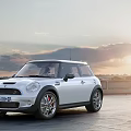 White Mini Cooper Car Parked Outdoors At Sunset 3d model