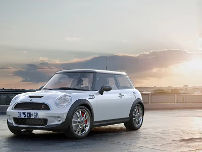 White Mini Cooper Car Parked Outdoors At Sunset 3d model White Mini Cooper Car Parked Outdoors At Sunset 3d model
