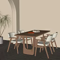 Wooden Dining Table Set with Beige Chairs Fruit Bowl and Potted Plant by Arched Window