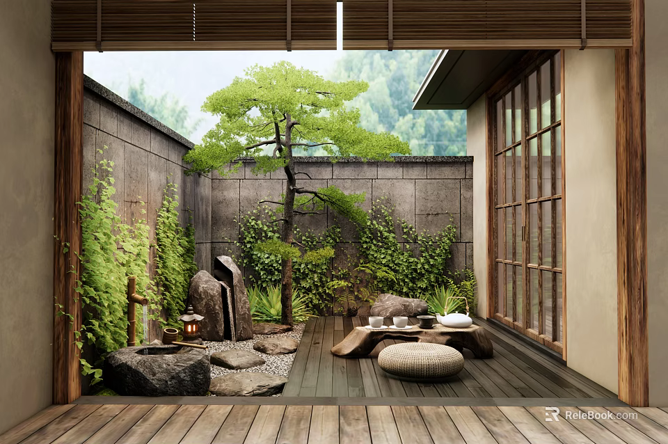 Japanese Courtyard Garden with Wooden Flooring Stone Wall Large Tree Stone Lantern and Green Plants 3d model 