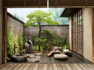 Japanese Courtyard Garden with Wooden Flooring Stone Wall Large Tree Stone Lantern and Green Plants 3d model