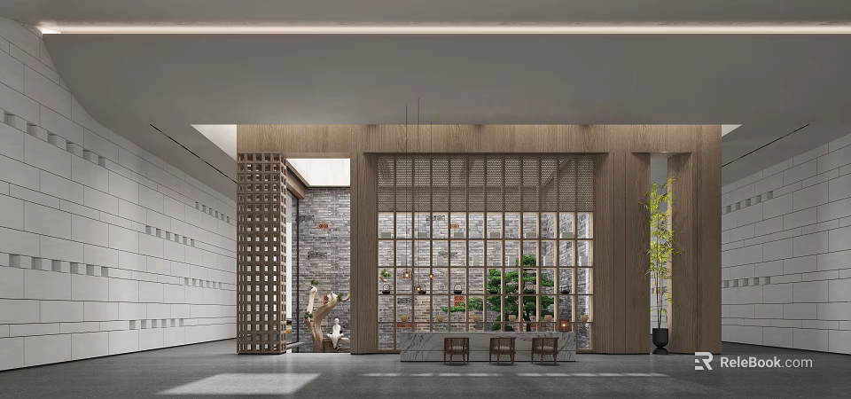 Modern Cultural Center Interior With Wooden Grille Stone Wall And Greenery 3d model 