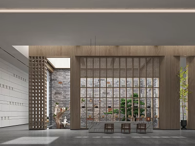 Modern Cultural Center Interior With Wooden Grille Stone Wall And Greenery 3d model