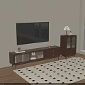 Brown TV Stand With Storage Drawers Glass Doors Side Cabinet Table Lamp And Checkered Rug