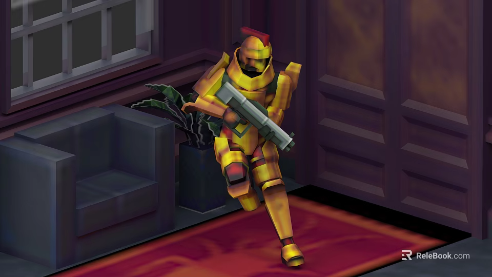 Yellow Armored Character Holding Gun In Indoor Setting With Sofa Plant And Red Carpet 3d model 