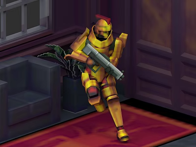 Yellow Armored Character Holding Gun In Indoor Setting With Sofa Plant And Red Carpet 3d model