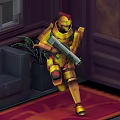 Yellow Armored Character Holding Gun In Indoor Setting With Sofa Plant And Red Carpet 3d model