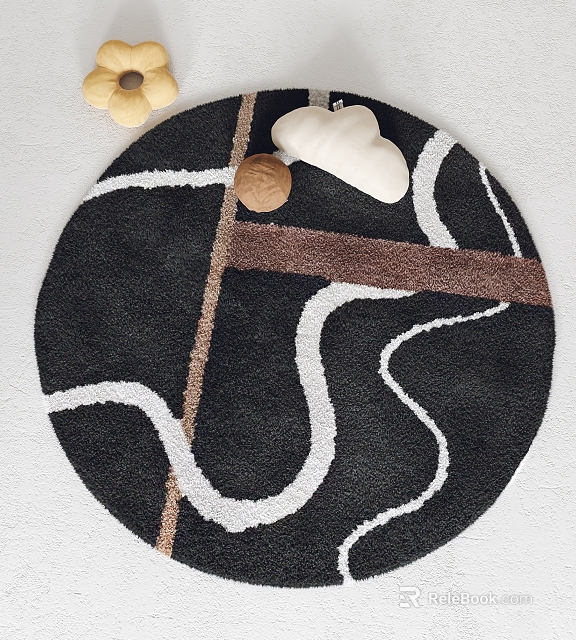 Stylish Round Rug With Black Base White Curved Lines And Brown Accent Design Pattern 3d model 