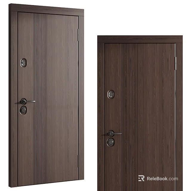 Dark Brown Wooden Swing Door with Vertical Striped Design and Door Handle Lock Hole 3d model 