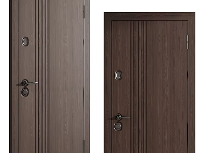 Dark Brown Wooden Swing Door with Vertical Striped Design and Door Handle Lock Hole 3d model