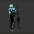 Fantasy Woman With Blue Hair And Horns In Black Outfit Holding Red Detailed Weapon