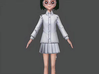 Cartoon Woman With Green Hair Wearing Glasses White Shirt And Pleated Skirt 3d model