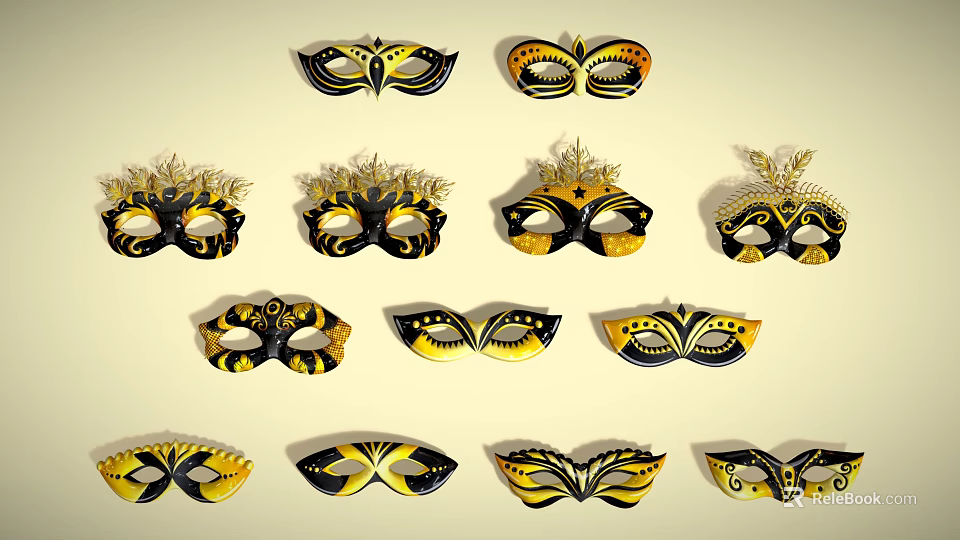 Ornate Black and Gold Venetian Masks With Feather And Pattern Details 3d model 