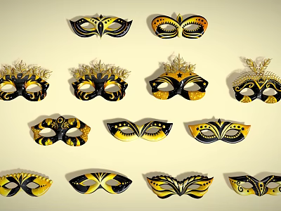 Ornate Black and Gold Venetian Masks With Feather And Pattern Details 3d model