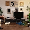 Wooden Display Cabinet With Potted Plant Decorative Pendant Lights Toaster Rattan Door And Small Items