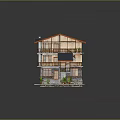 Cartoon Style Three Story House With Blue Roof Orange Eaves And Wooden Balconies