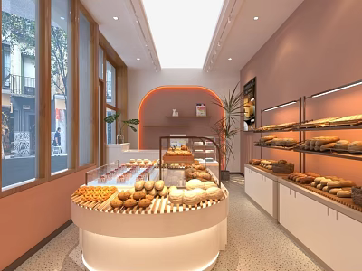 Modern Dessert Shop Interior With Glass Display Cases And Assorted Fresh Pastries 3d model