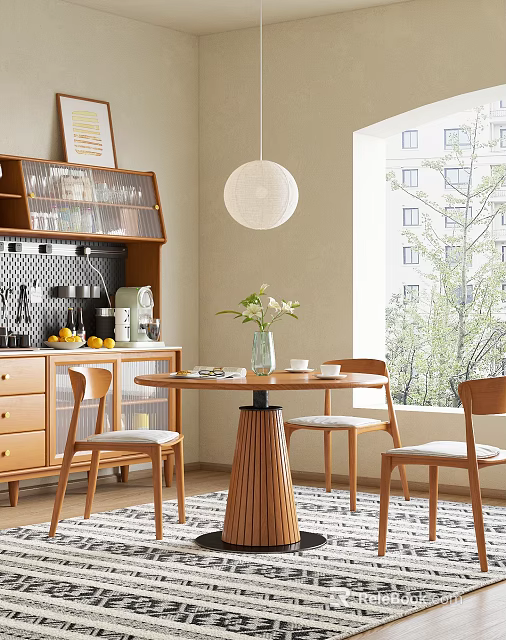 Modern Wooden Dining Table Set with Four Chairs Pendant Light and Flower Vase by Window 3d model 