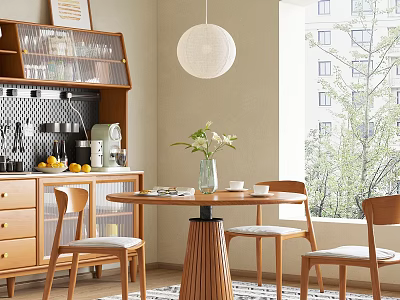 Modern Wooden Dining Table Set with Four Chairs Pendant Light and Flower Vase by Window 3d model
