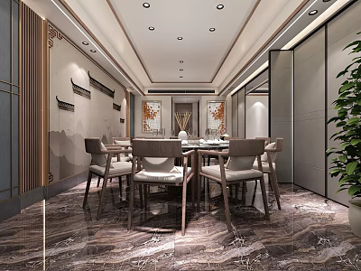 Elegant Chinese Private Dining Room Interior With Dining Table Chairs And Decorative Paintings 3d model