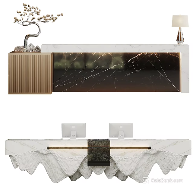 Elegant Modern Reception Desk With Marble Countertop And Wooden Cabinet 3d model 