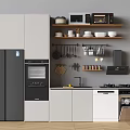 Modern Kitchen Interior With Gray Cabinets Refrigerator Microwave Oven Sink Stove And Hanging Utensils