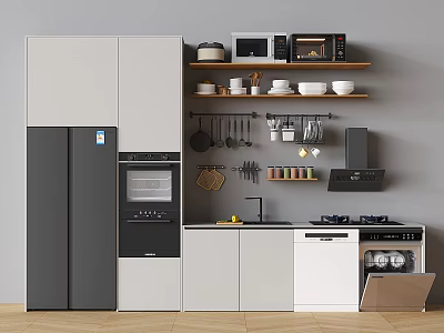 Modern Kitchen Interior With Gray Cabinets Refrigerator Microwave Oven Sink Stove And Hanging Utensils 3d model