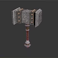 Ornate War Hammer With Metal Plates Intricate Carvings And Red Braided Handle