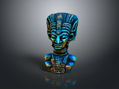 Intricate Mythical God Sculpture Carving With Blue Gold Headdress And Detailed Facial Features 3d model