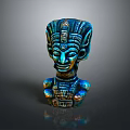 Intricate Mythical God Sculpture Carving With Blue Gold Headdress And Detailed Facial Features